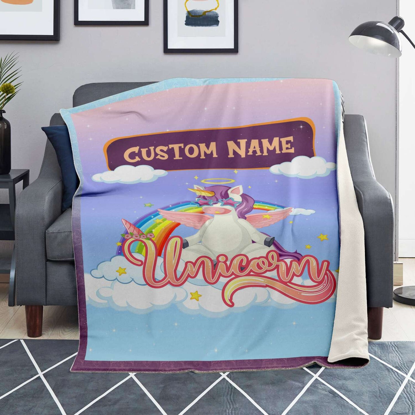 Personalized Name Unicorn Blanket for Kids, Custom Name Blanket for Boys and Girls