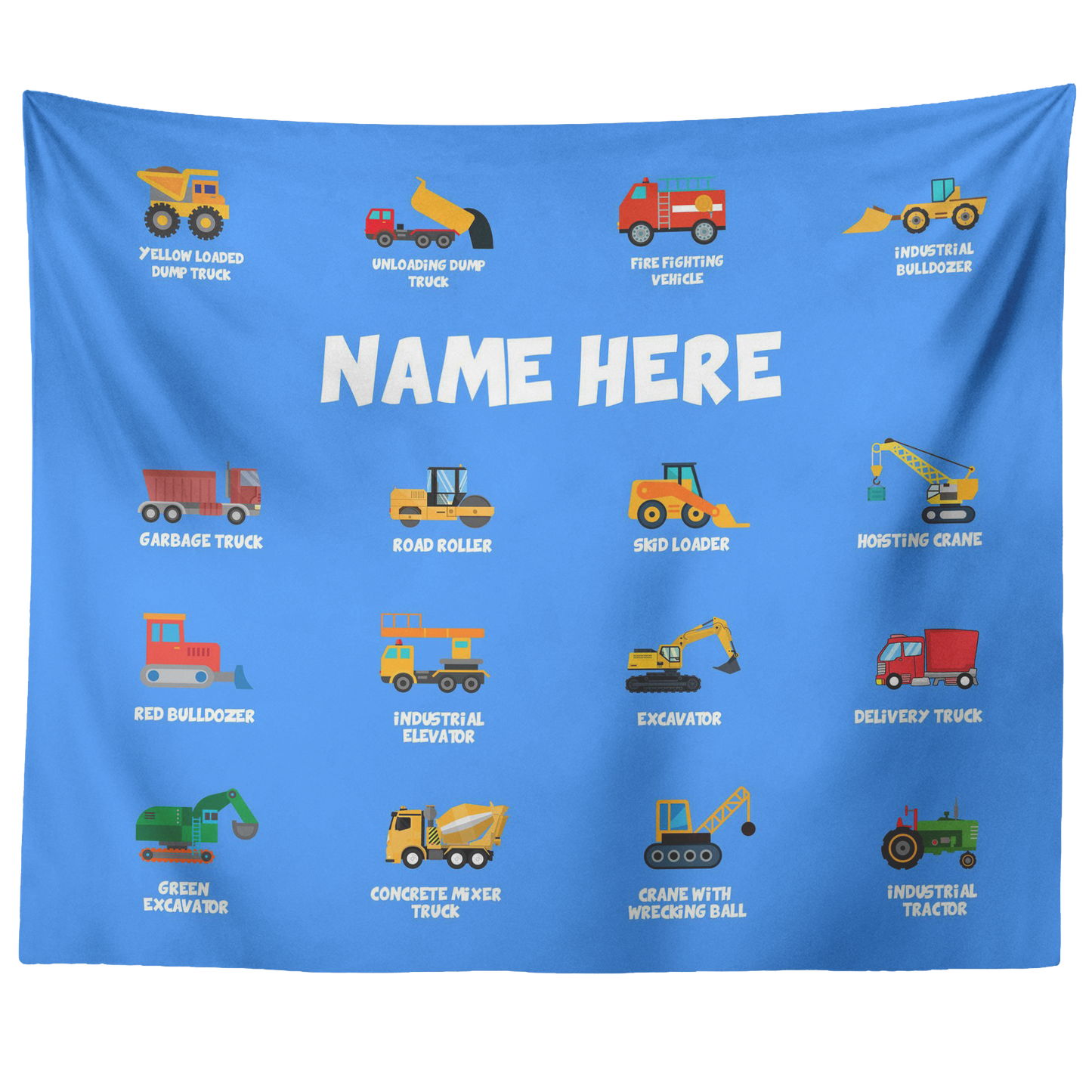 Personalized Name Construction Machines Wall Tapestry for Kids Room
