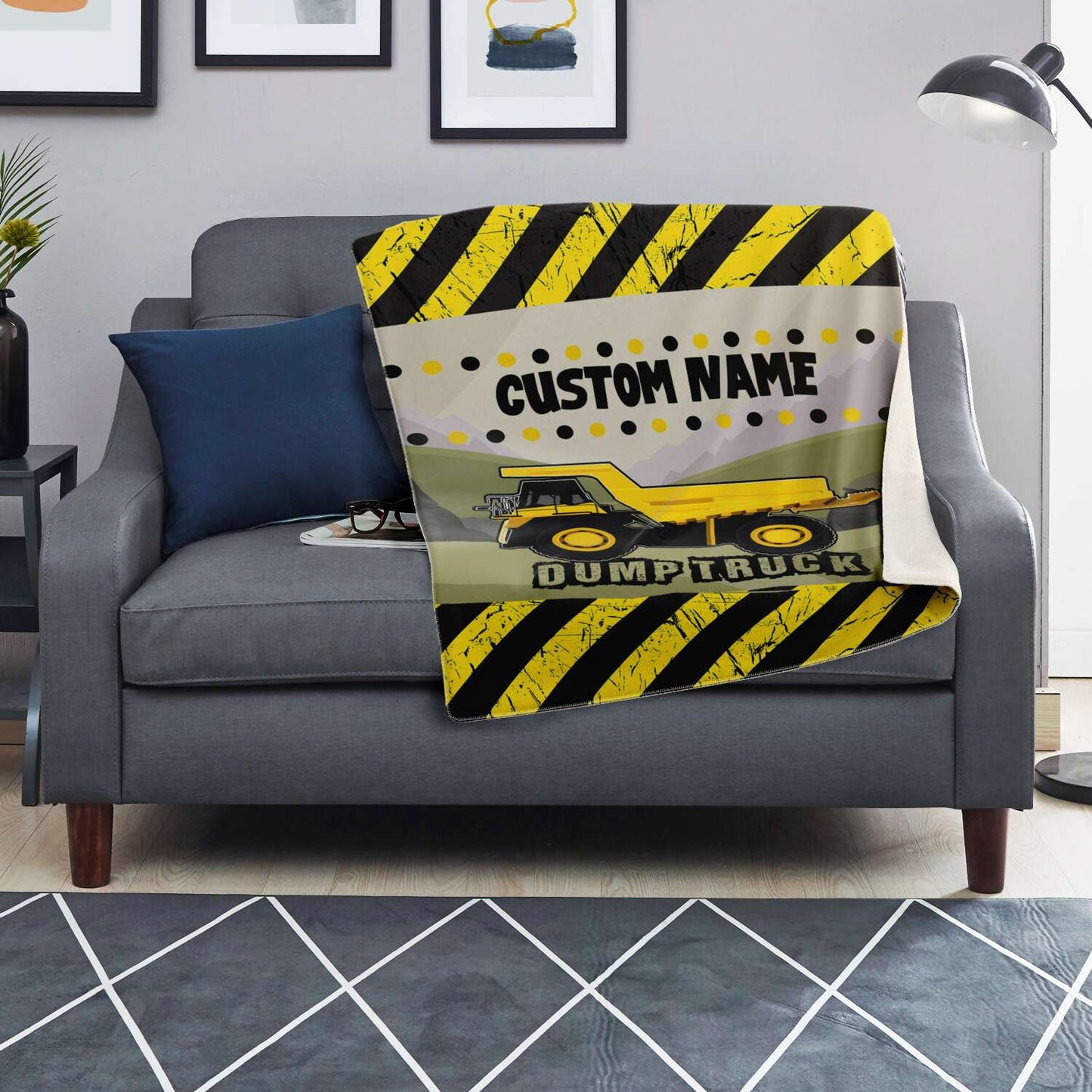 Personalized Name Dump Truck Blanket for Kids, Boys and Girls Custom Name Blanket