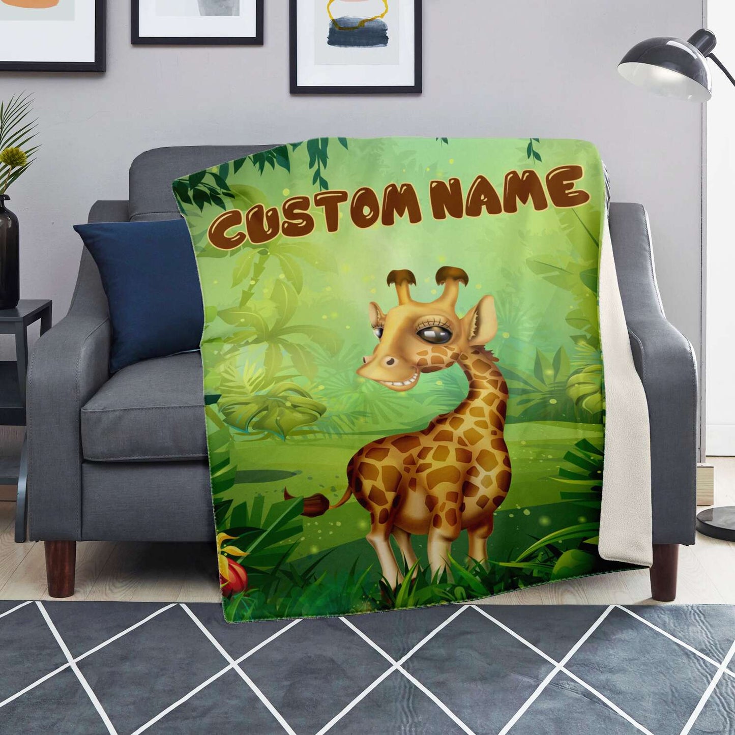 Personalized Name Giraffe Blanket, Custom Name Wild Animals Blanket for Boys & Girls