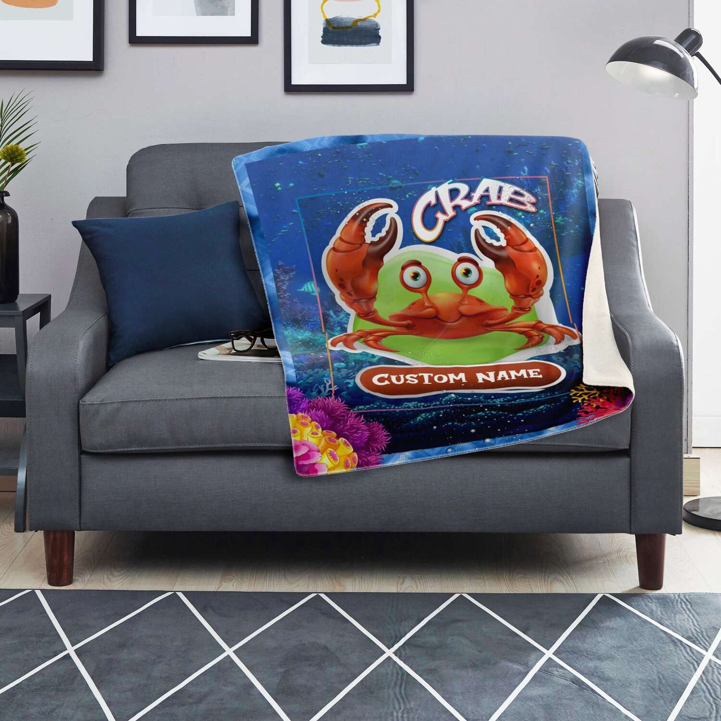 Personalized Name Crab Blanket, Custom Name Sea Animals Blanket for Boys & Girls