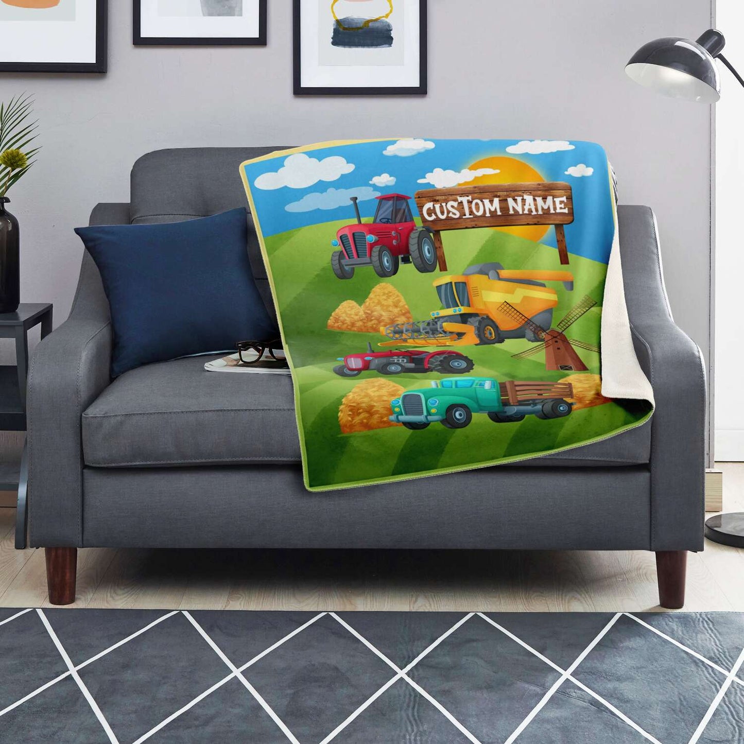 Personalized Name Farm Machinery Tractor Blanket for Kids, Custom Name Blanket for Boys & Girls