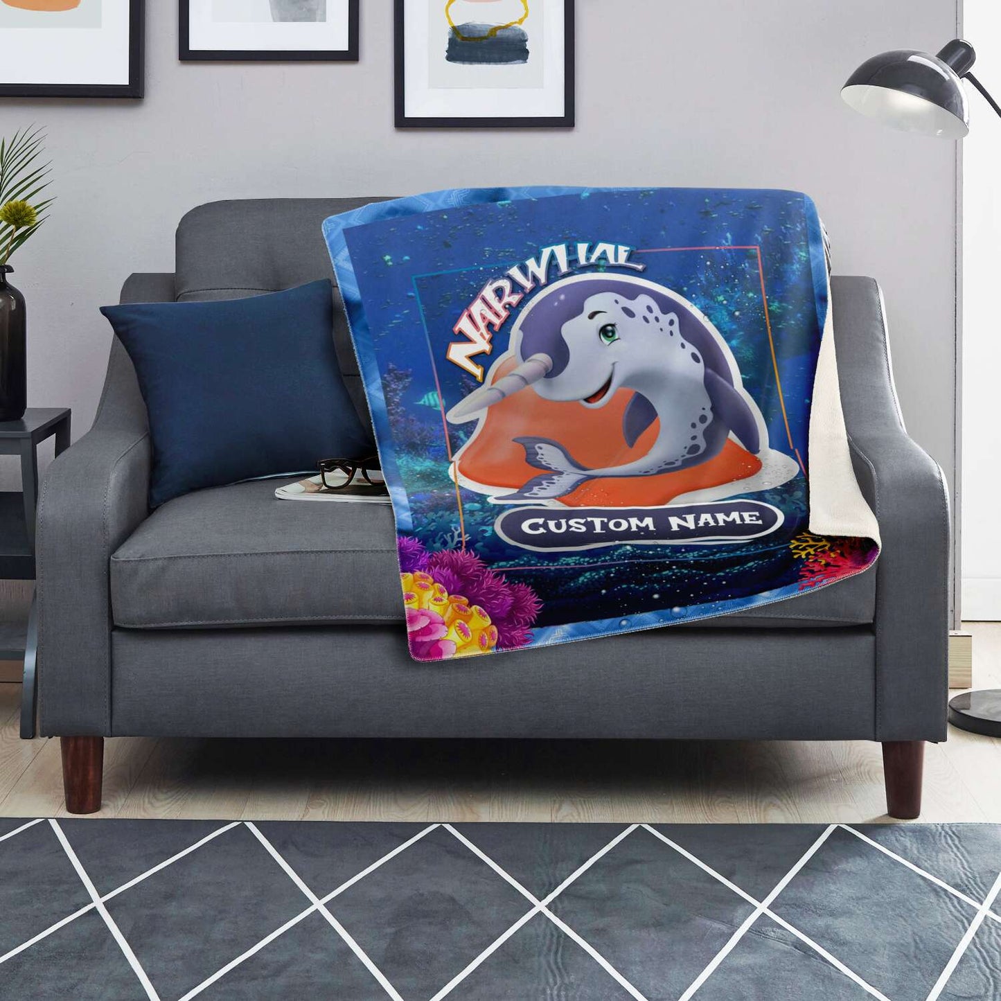 Personalized Name Narwhal Blanket, Custom Name Sea Animals Blanket for Boys & Girls