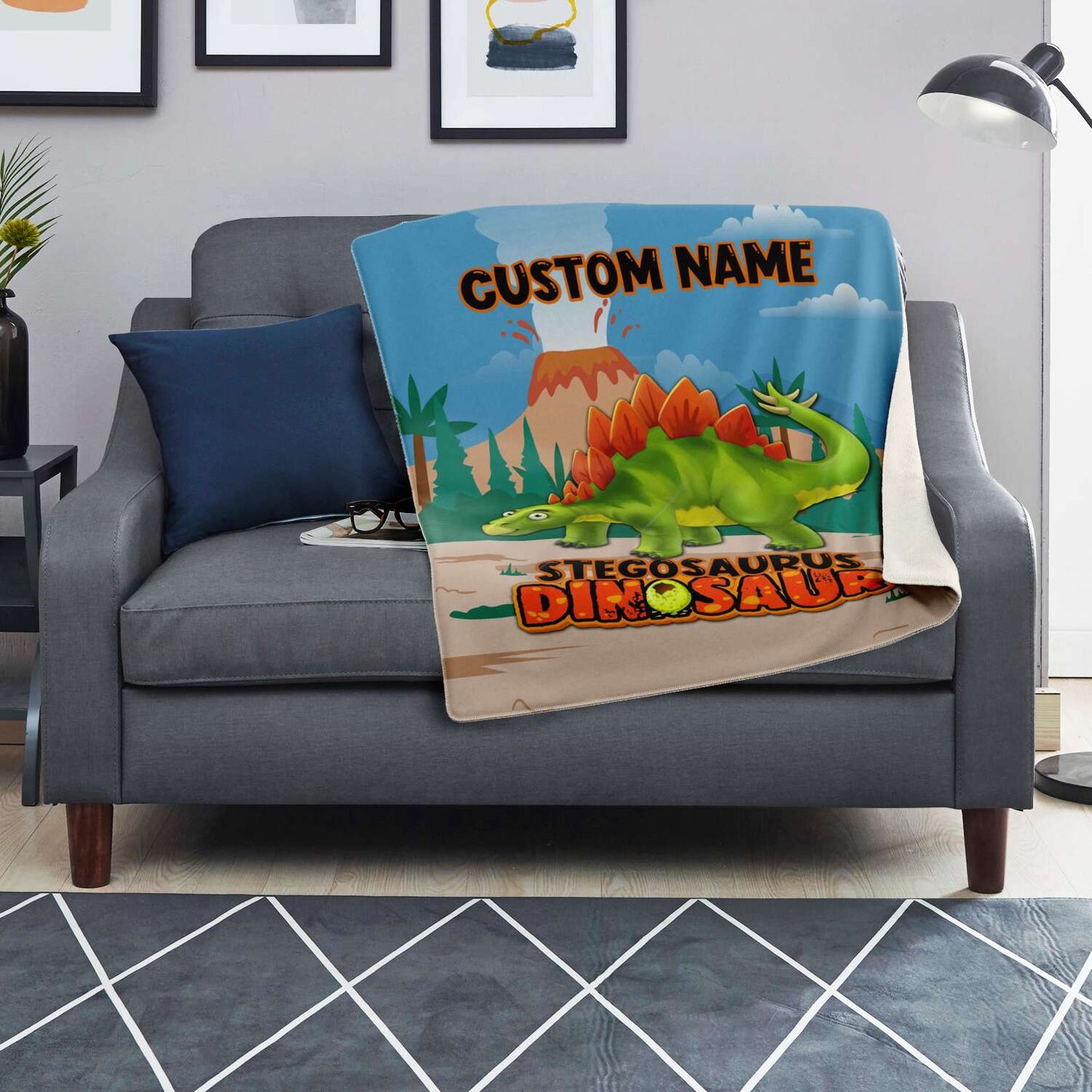Personalized Name Stegosaurus Dinosaur Blanket for Kids, Custom Name Blankets for Boys & Girls