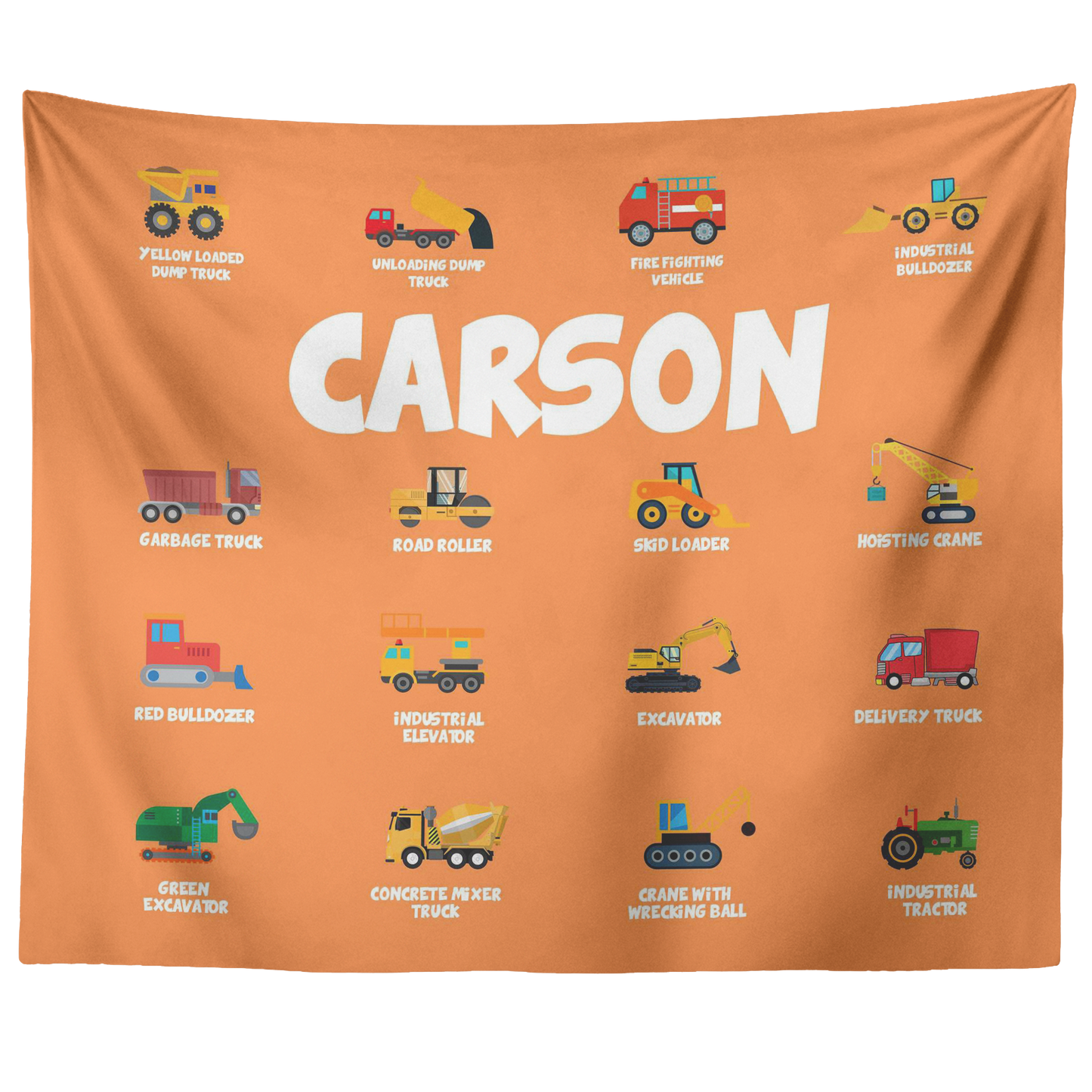 Personalized Name Construction Machines Wall Tapestry for Kids Room - Carson