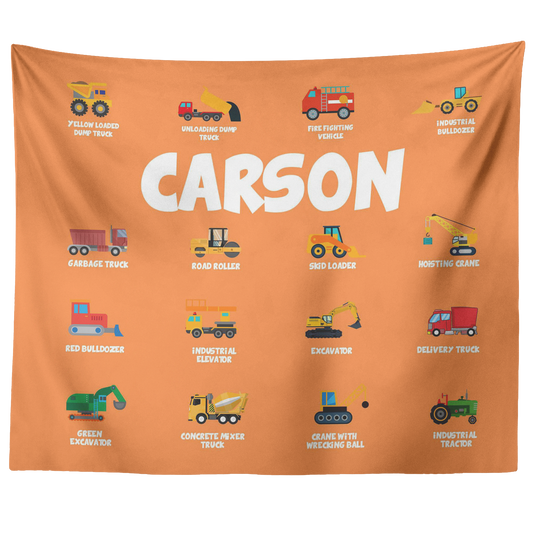 Personalized Name Construction Machines Wall Tapestry for Kids Room - Carson