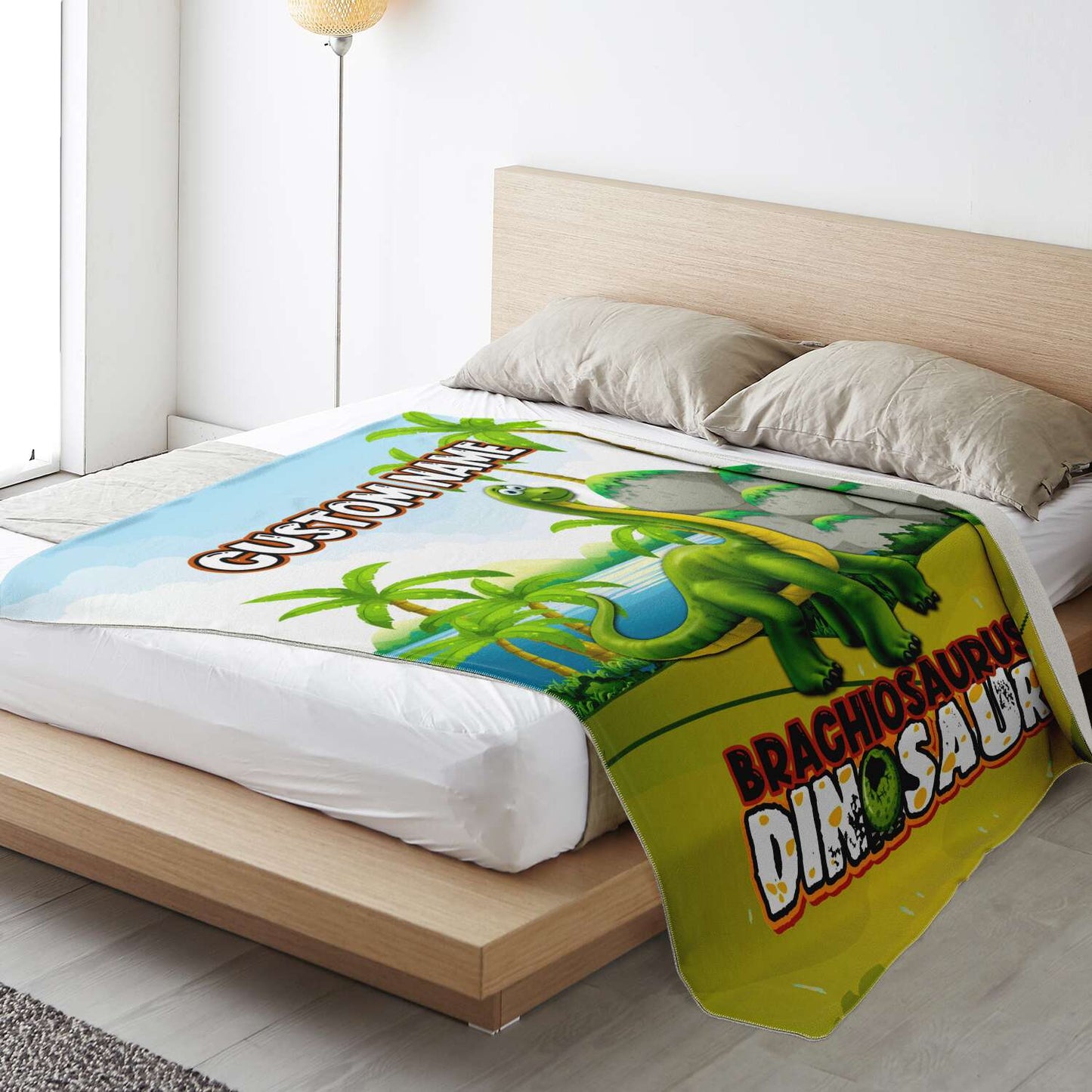 Personalized Name Brachiosaurus Dinosaur Blanket for Kids, Custom Name Blanket for Boys & Girls