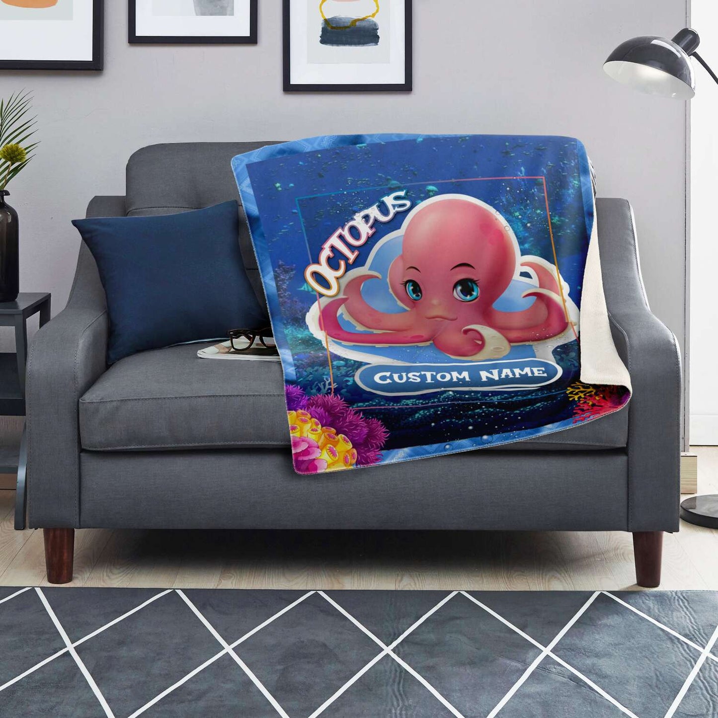 Personalized Name Octopus Blanket, Custom Name Sea Animals Blanket for Boys & Girls