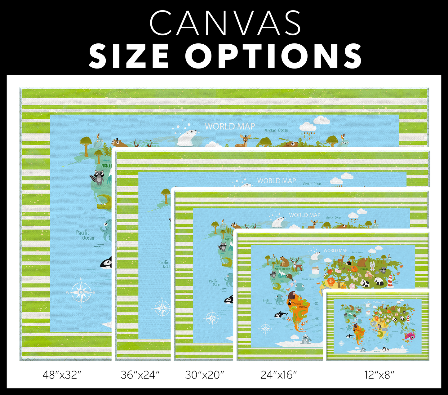 Personalized Map of World for Kids with Funny Animals, Canvas Wall Art for Children's Room, Learning, Educational Map for Boys & Girls