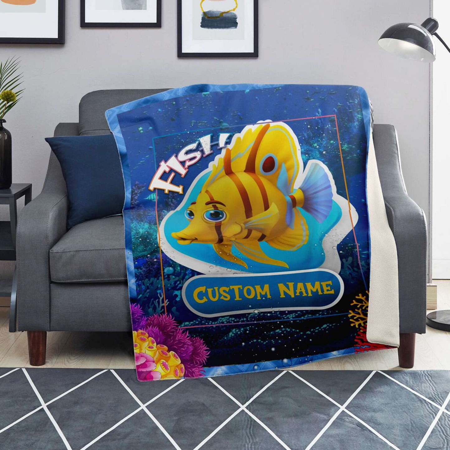 Personalized Name Fish Blanket, Custom Name Sea Animals Blanket for Boys & Girls
