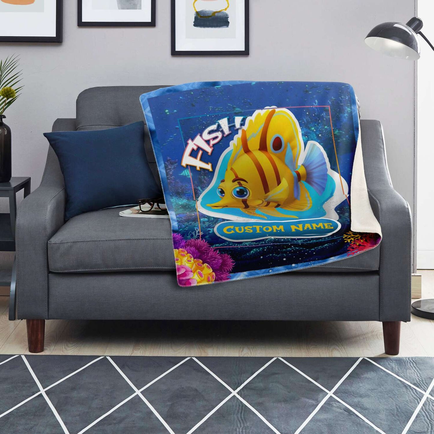Personalized Name Fish Blanket, Custom Name Sea Animals Blanket for Boys & Girls