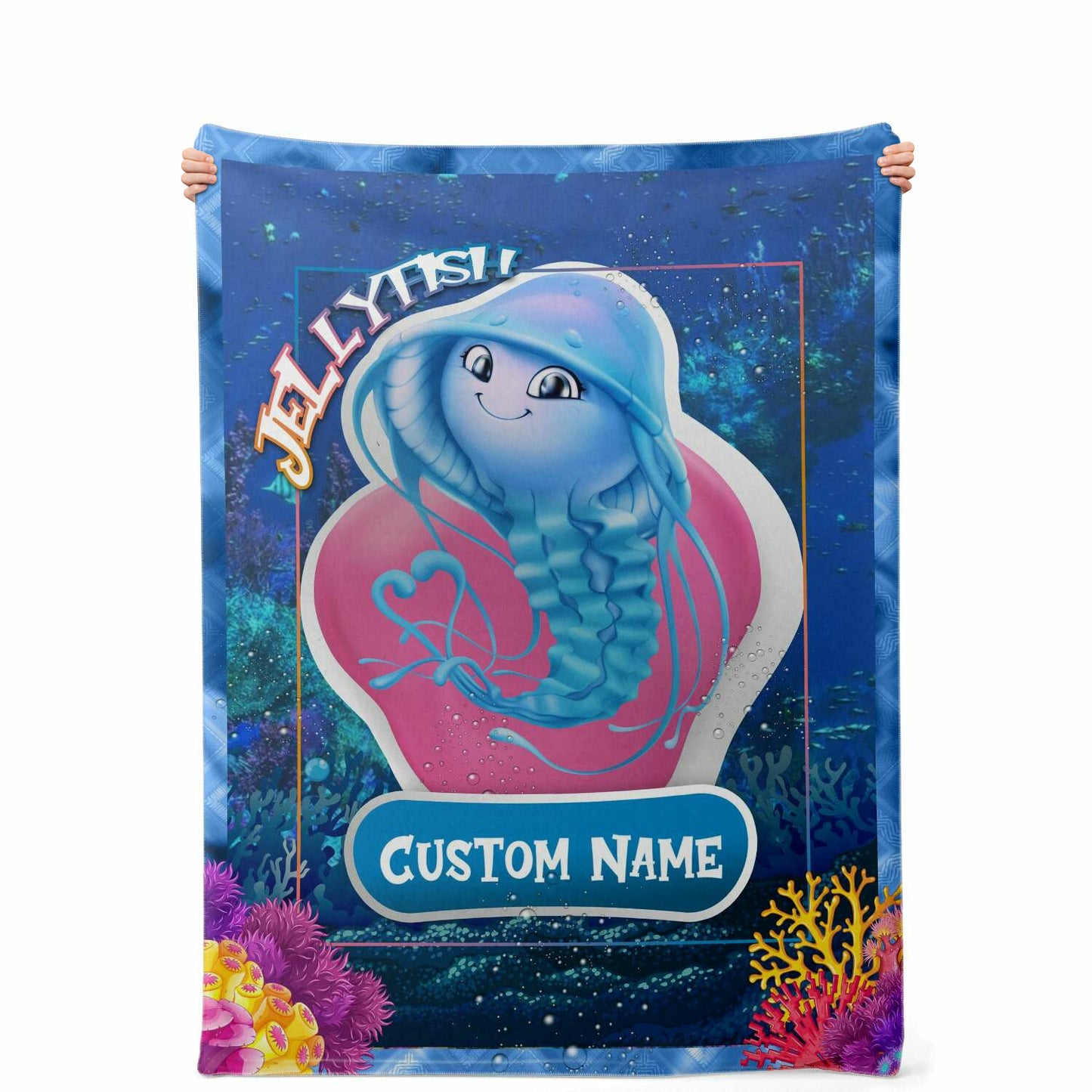 Personalized Name Jellyfish Blanket, Custom Name Sea Animals Blanket for Boys & Girls