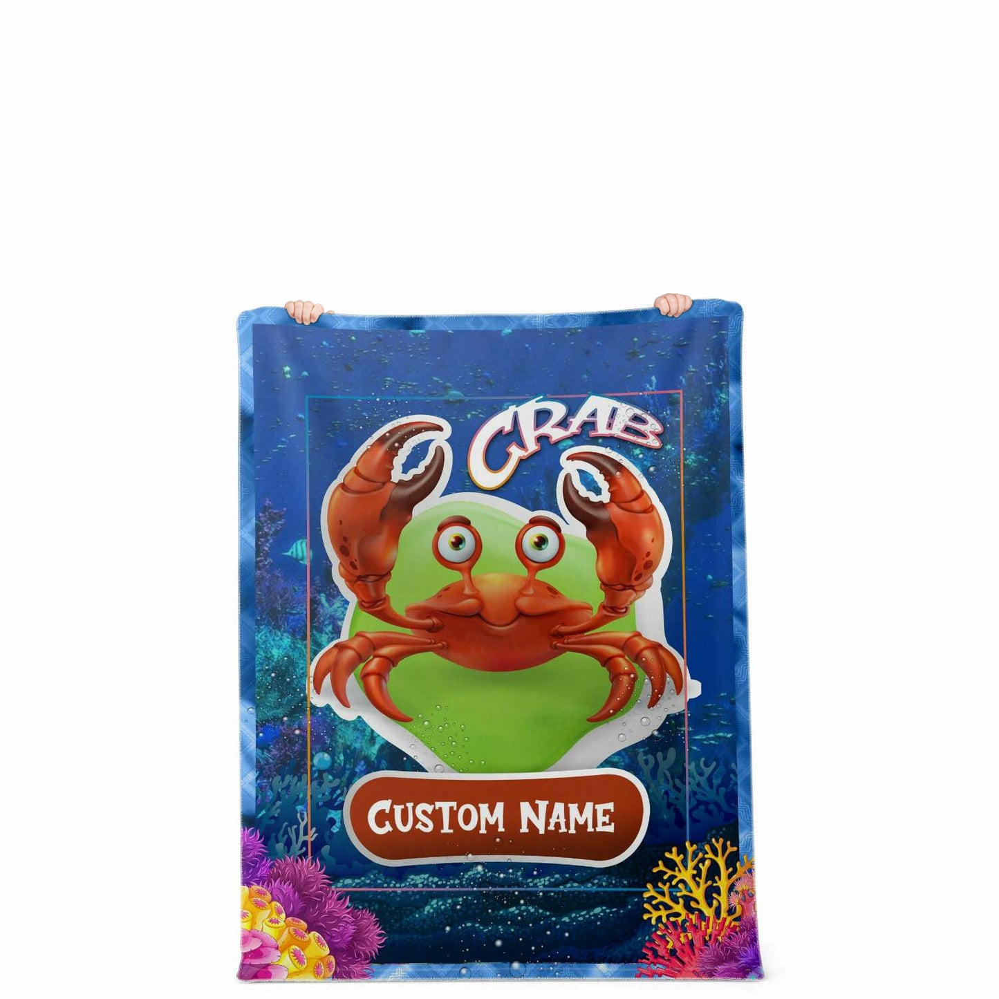 Personalized Name Crab Blanket, Custom Name Sea Animals Blanket for Boys & Girls