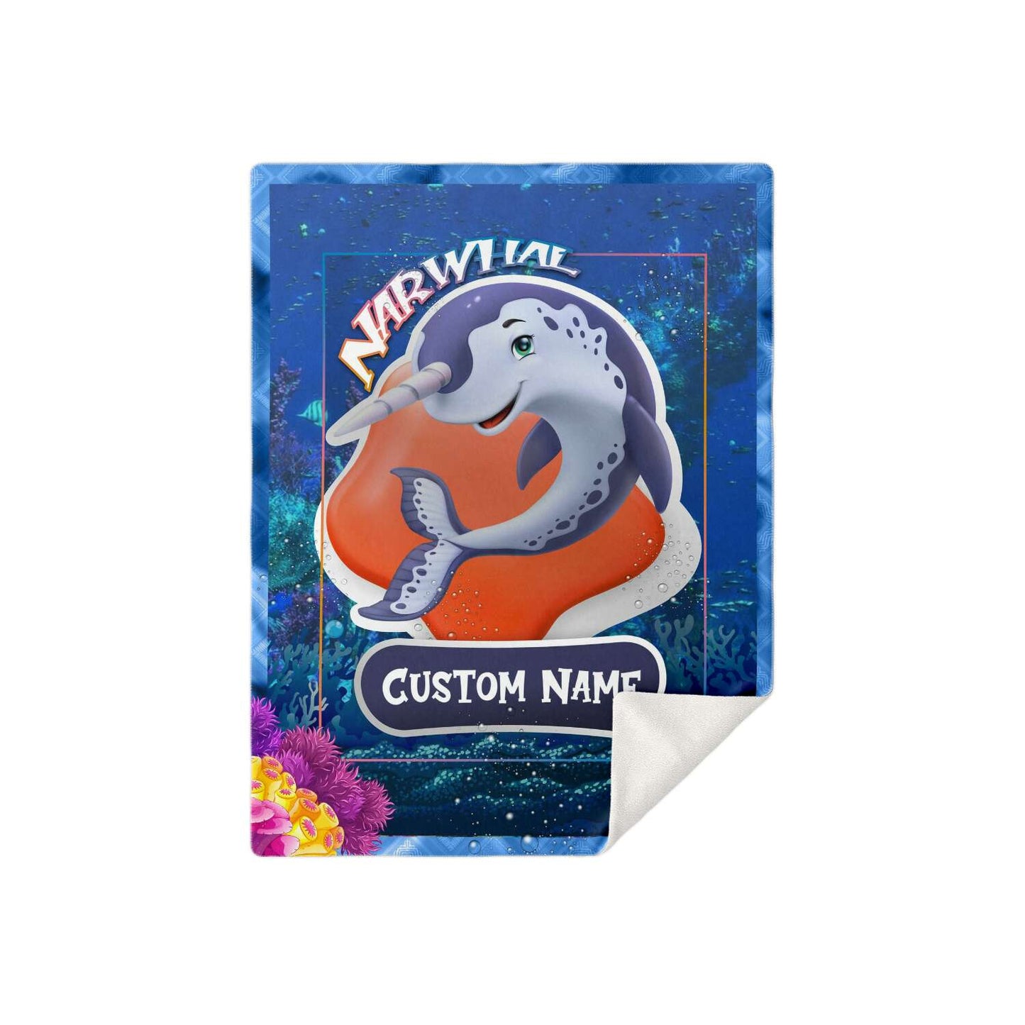 Personalized Name Narwhal Blanket, Custom Name Sea Animals Blanket for Boys & Girls