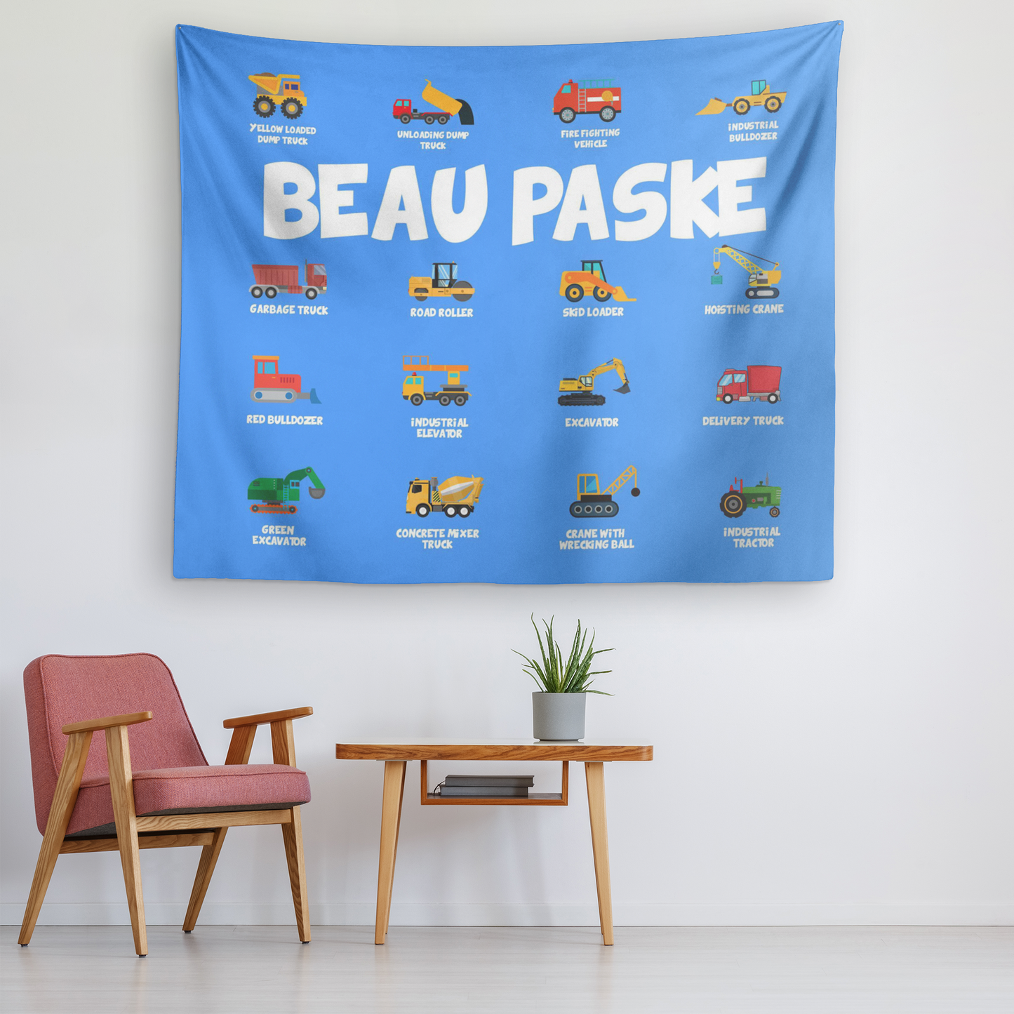 Personalized Name Construction Machines Wall Tapestry for Kids Room - Beau Paske