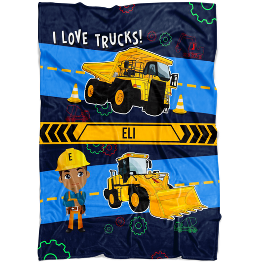 Personalized Name I Love Trucks Blanket for Boys & Girls with Character Personalization - Eli