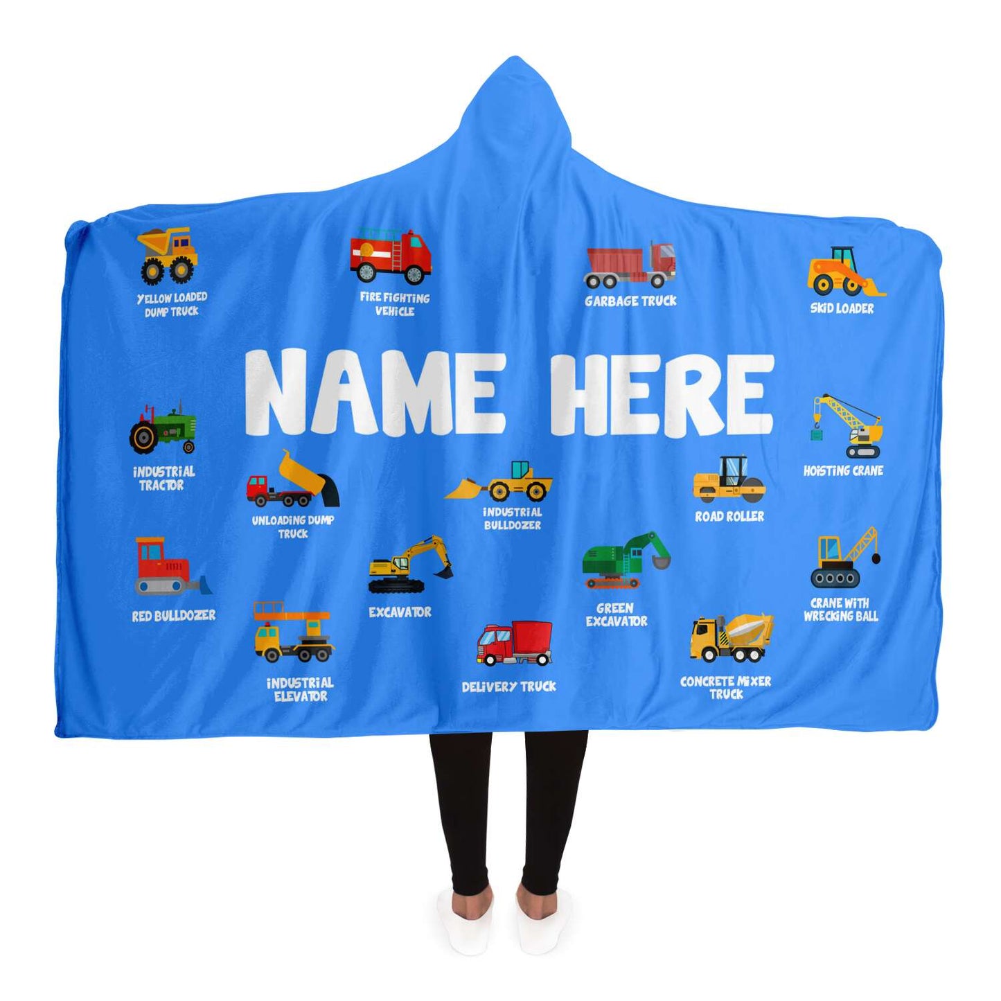 Personalized Name, Construction Machines Hooded Blanket for Kids, Boys & Girls Custom Name Hooded Blanket