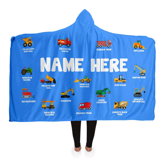 Personalized Name, Construction Machines Hooded Blanket for Kids, Boys & Girls Custom Name Hooded Blanket