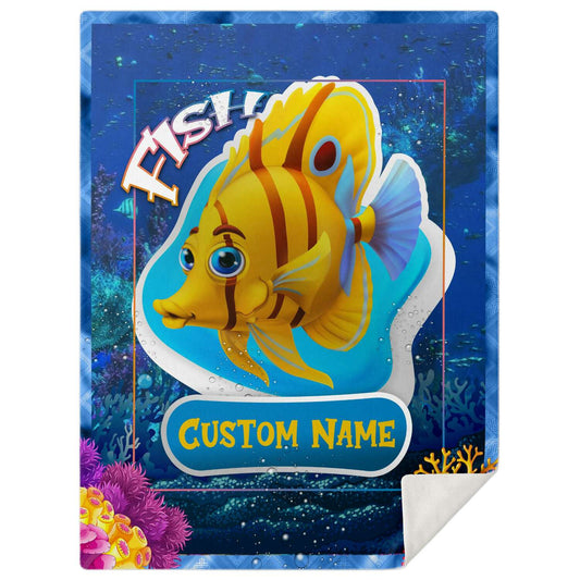 Personalized Name Fish Blanket, Custom Name Sea Animals Blanket for Boys & Girls