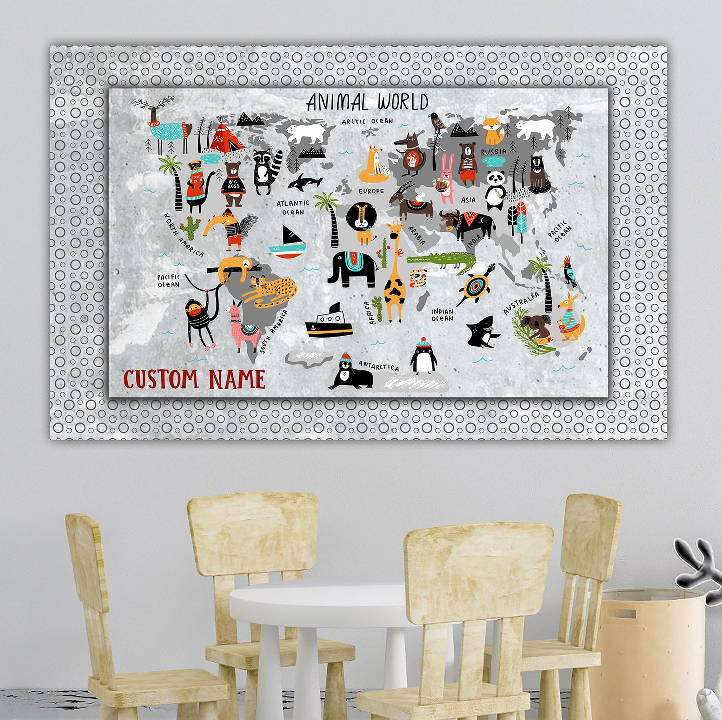 Personalized Map of World for Kids with Animal World, Scandinavian, Canvas Wall Art for Children's Room, Learning, Educational Map for Boys & Girls