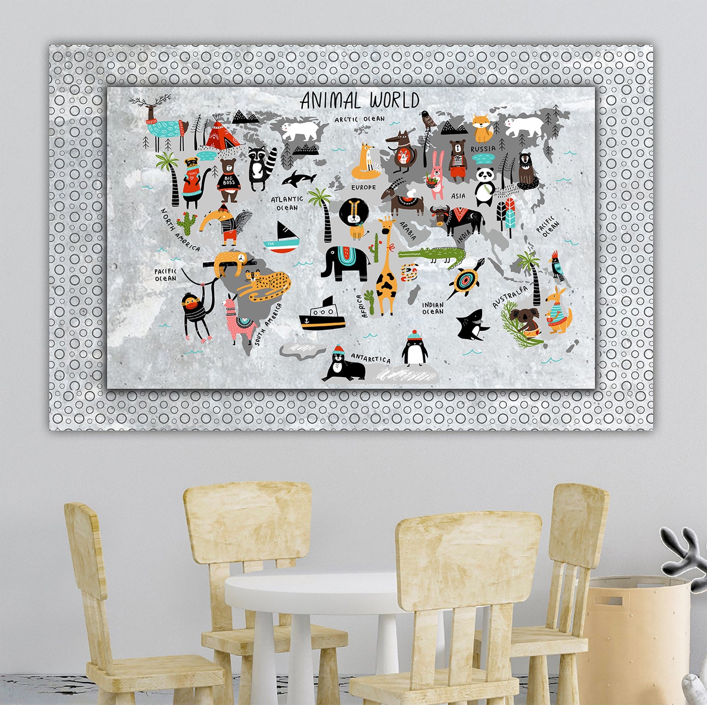 Personalized Map of World for Kids with Animal World, Scandinavian, Canvas Wall Art for Children's Room, Learning, Educational Map for Boys & Girls