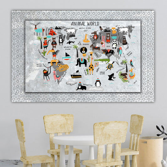 Personalized Map of World for Kids with Animal World, Scandinavian, Canvas Wall Art for Children's Room, Learning, Educational Map for Boys & Girls