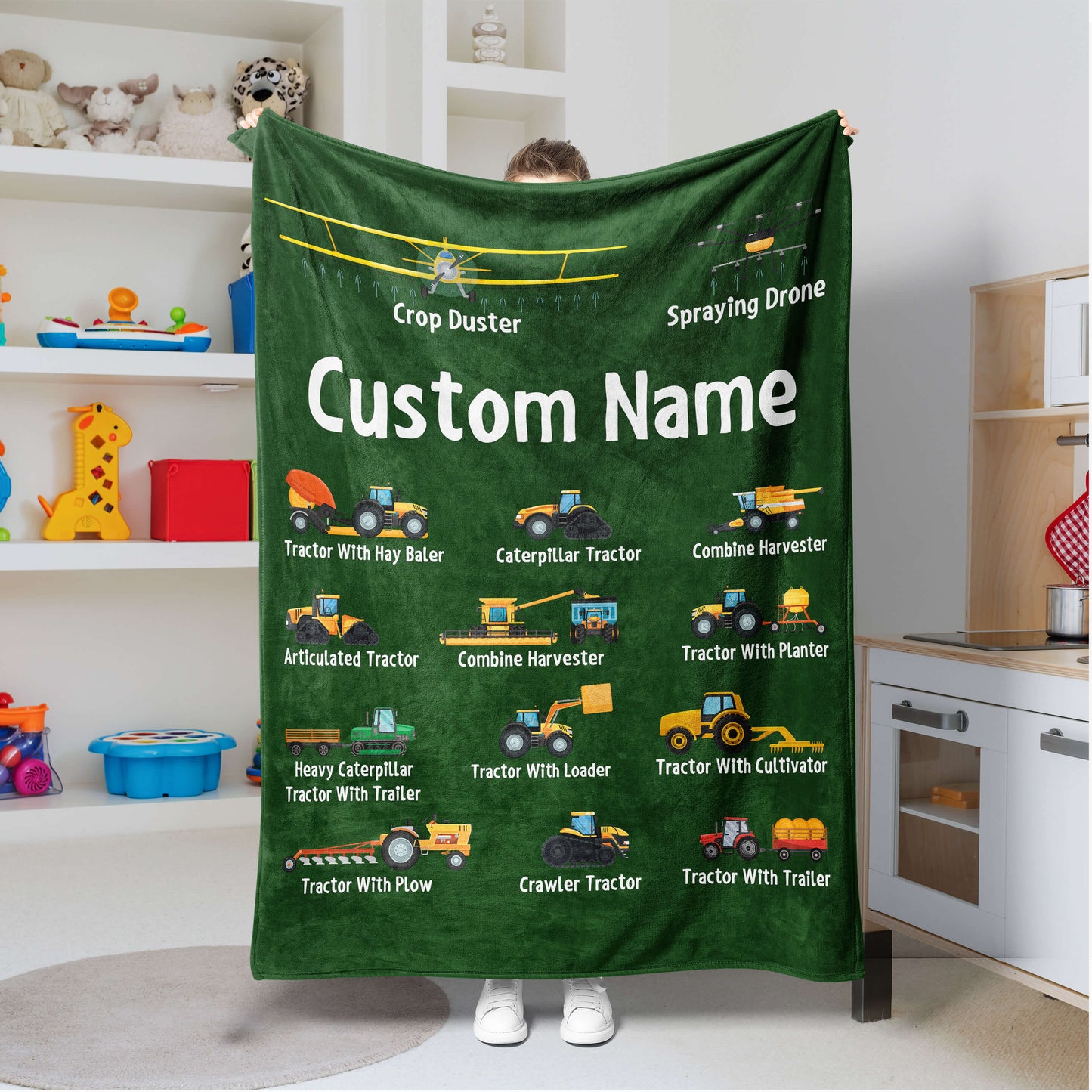 Personalized Name Tractor Blanket for Kids, Custom Name Farming Machinery Blanket for Boys & Girls