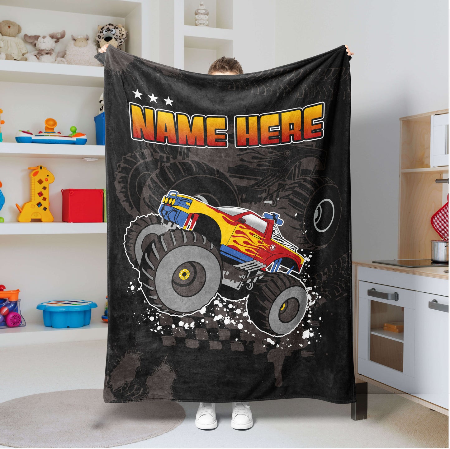 Personalized Name, Custom Blankets with Monster Trucks for Kids, Babies, Toddlers, Boys, Girls