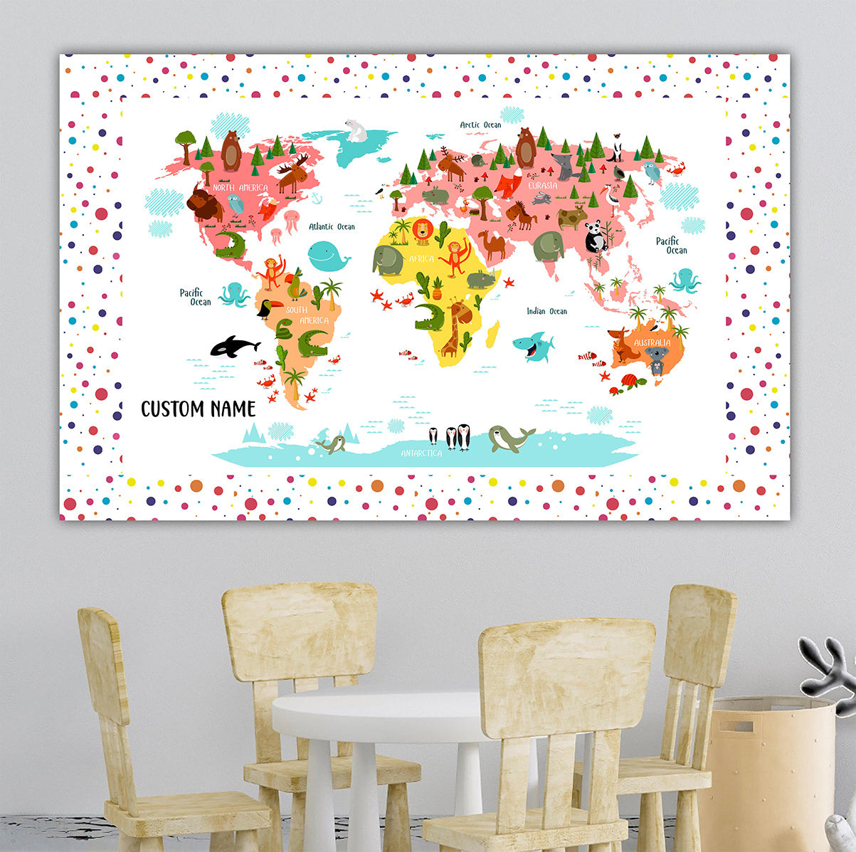 Personalized World Map for Kids, Canvas Wall Art for Children's Room, Learning, Educational Map for Boys & Girls