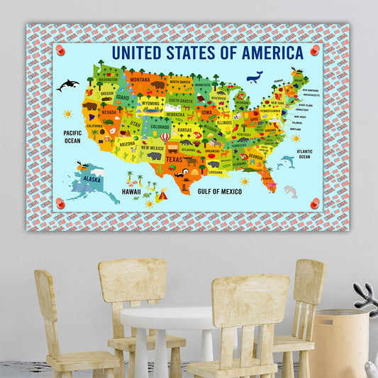 USA, United States Map for Kids, Canvas Wall Art for Children's Room, Learning, Educational Map for Boys & Girls