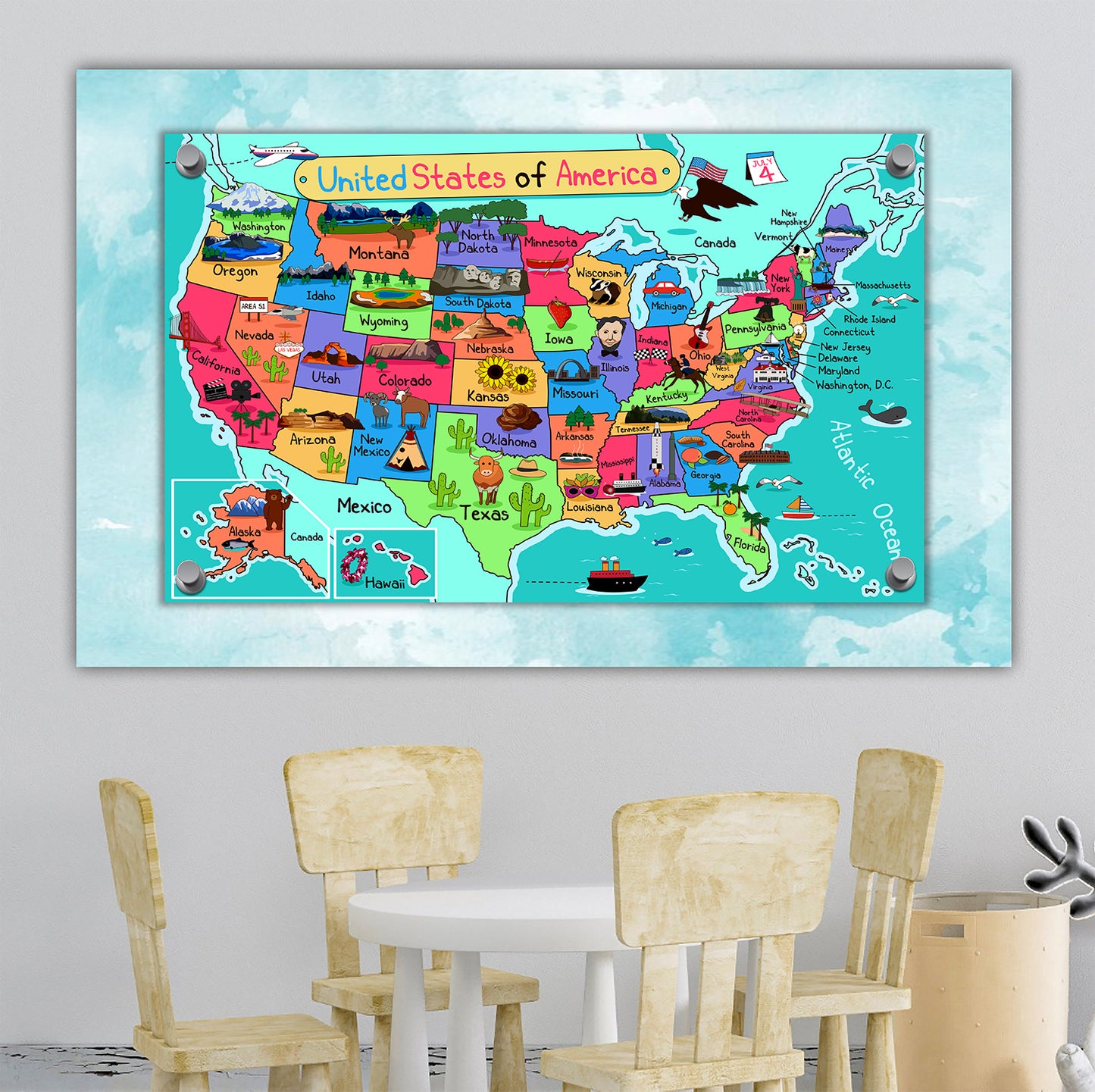 USA, United States Map for Kids, Canvas Wall Art for Children's Room, Learning, Educational Map for Boys & Girls
