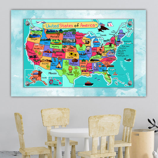 USA, United States Map for Kids, Canvas Wall Art for Children's Room, Learning, Educational Map for Boys & Girls