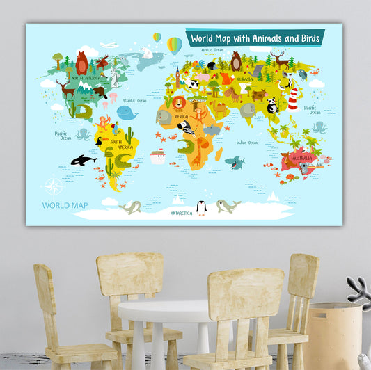 Personalized World Map for Kids, Canvas Wall Art for Children's Room, Learning, Educational Map for Boys & Girls