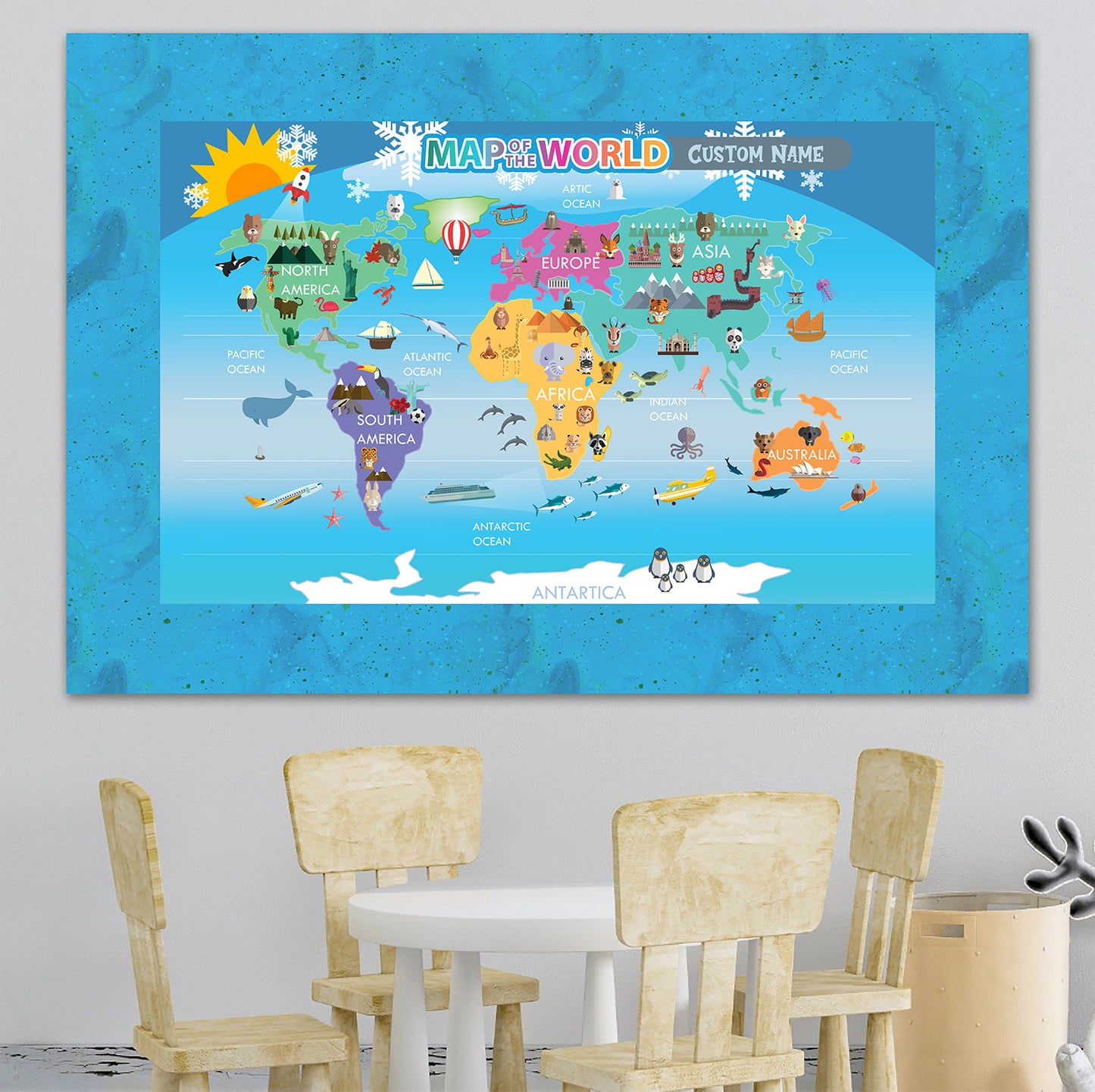 Personalized Map of World for Kids, Canvas Wall Art for Children's Room, Learning, Educational Map for Boys & Girls