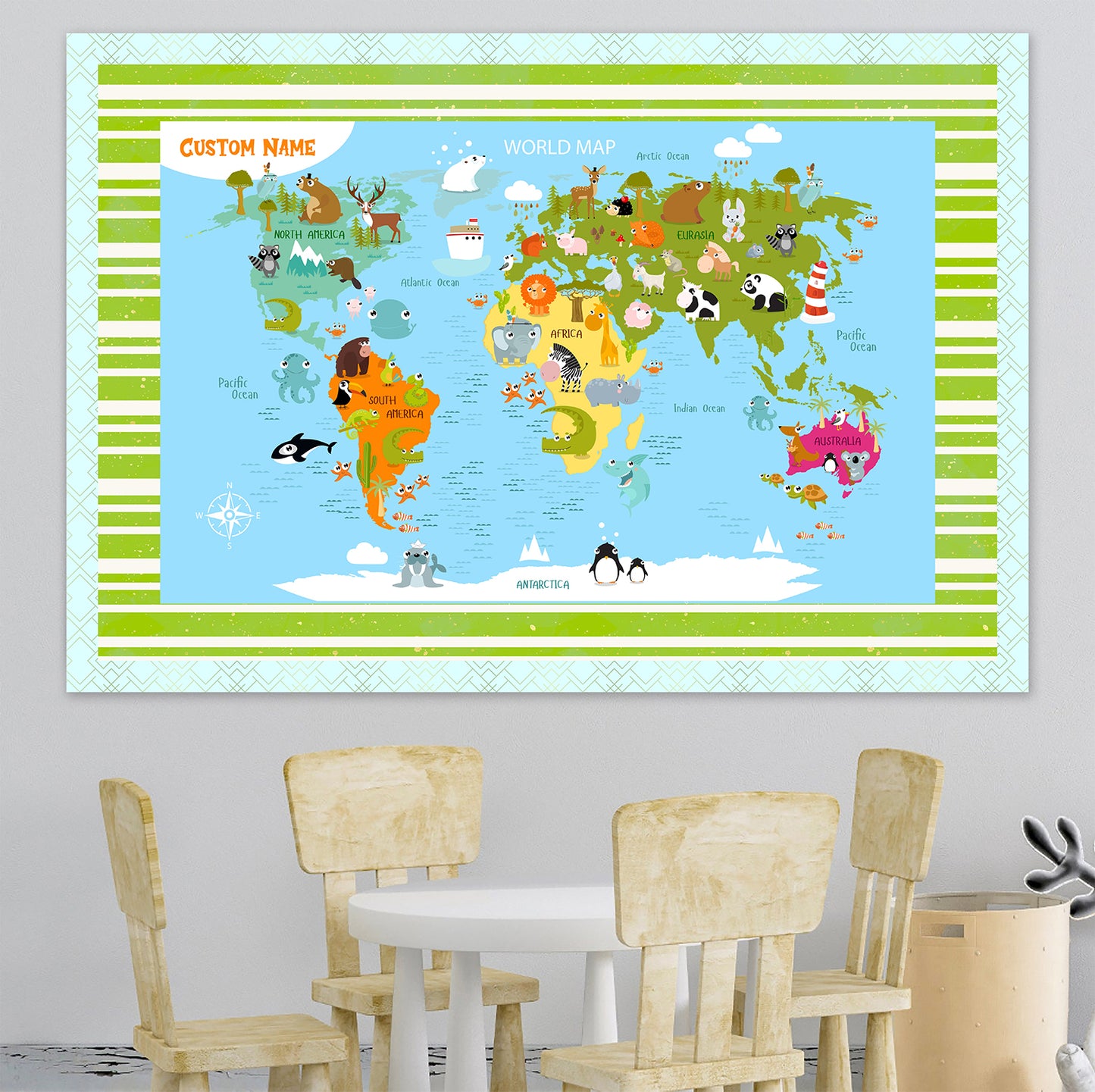 Personalized Map of World for Kids with Funny Animals, Canvas Wall Art for Children's Room, Learning, Educational Map for Boys & Girls