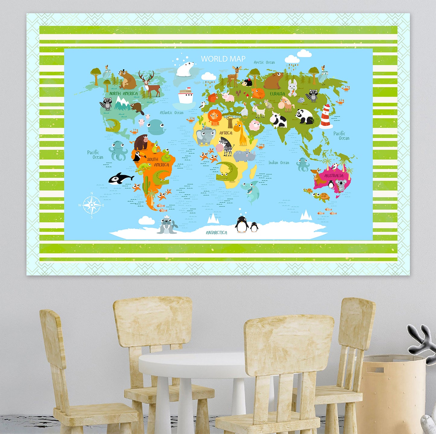 Personalized Map of World for Kids with Funny Animals, Canvas Wall Art for Children's Room, Learning, Educational Map for Boys & Girls
