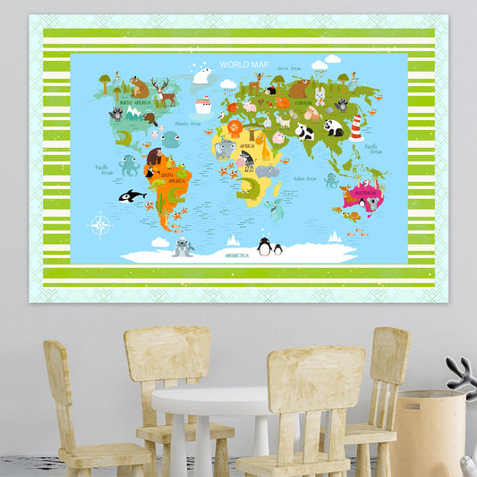 Personalized Map of World for Kids with Funny Animals, Canvas Wall Art for Children's Room, Learning, Educational Map for Boys & Girls