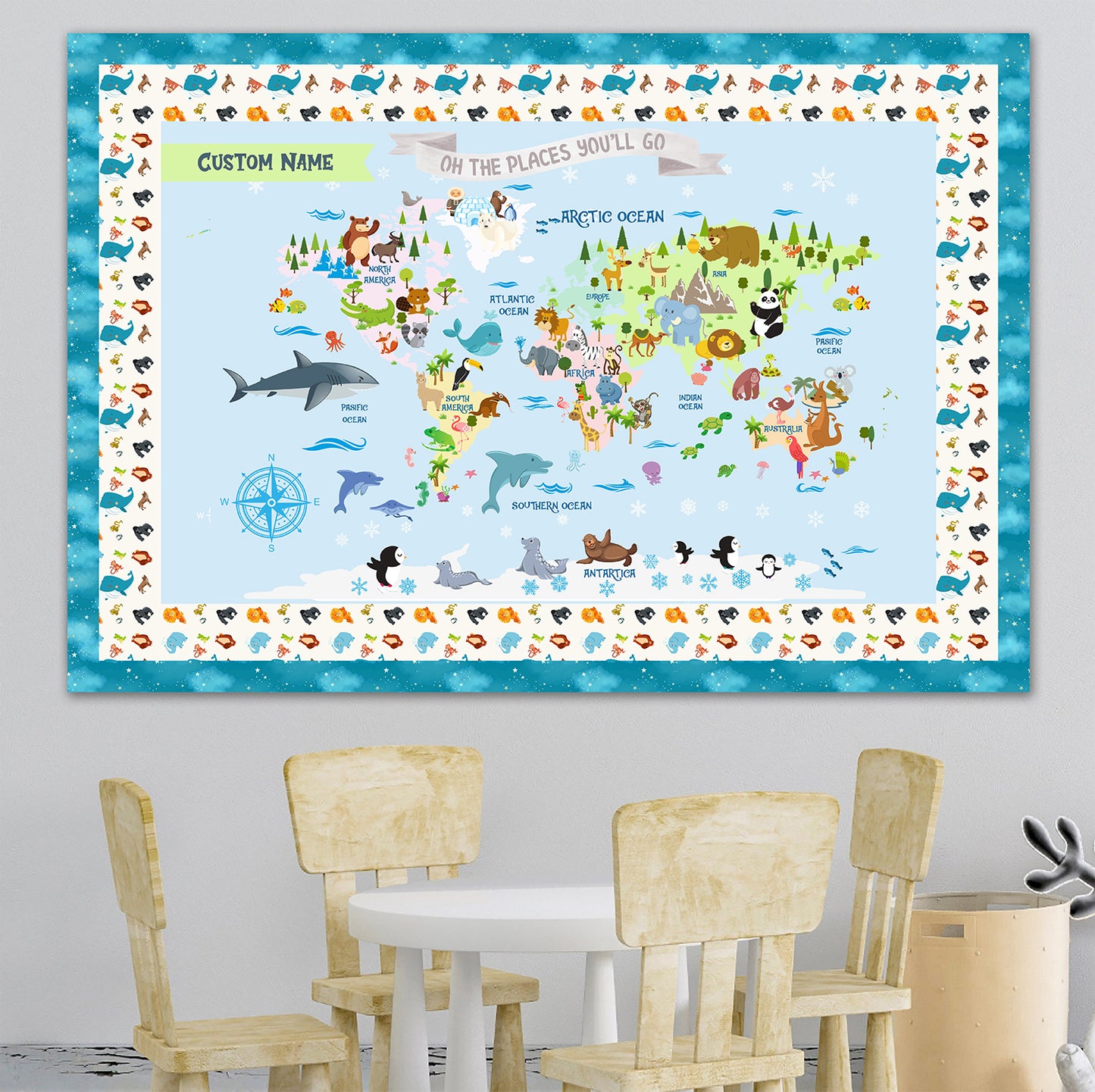 Personalized Map of World for Kids with Animal Planet, Canvas Wall Art for Children's Room, Learning, Educational Map for Boys & Girls