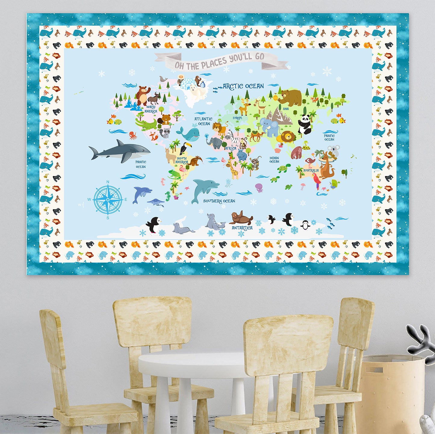 Personalized Map of World for Kids with Animal Planet, Canvas Wall Art for Children's Room, Learning, Educational Map for Boys & Girls
