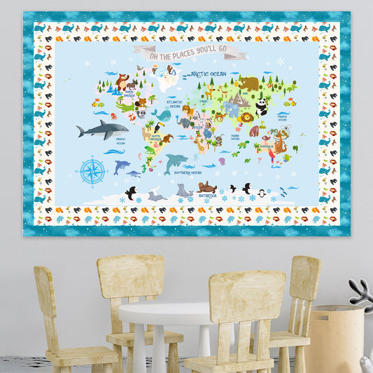Personalized Map of World for Kids with Animal Planet, Canvas Wall Art for Children's Room, Learning, Educational Map for Boys & Girls