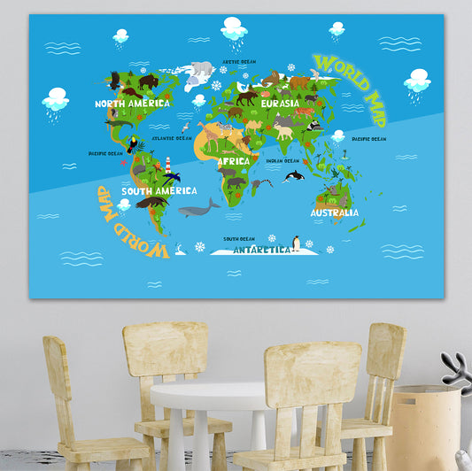 Personalized Blue Map of World for Kids with Animals, Canvas Wall Art for Children's Room, Learning, Educational Map for Boys & Girls