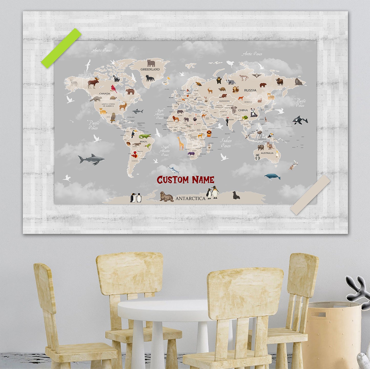 Personalized Map of World for Kids with Animals, Canvas Wall Art for Children's Room, Learning, Educational Map for Boys & Girls