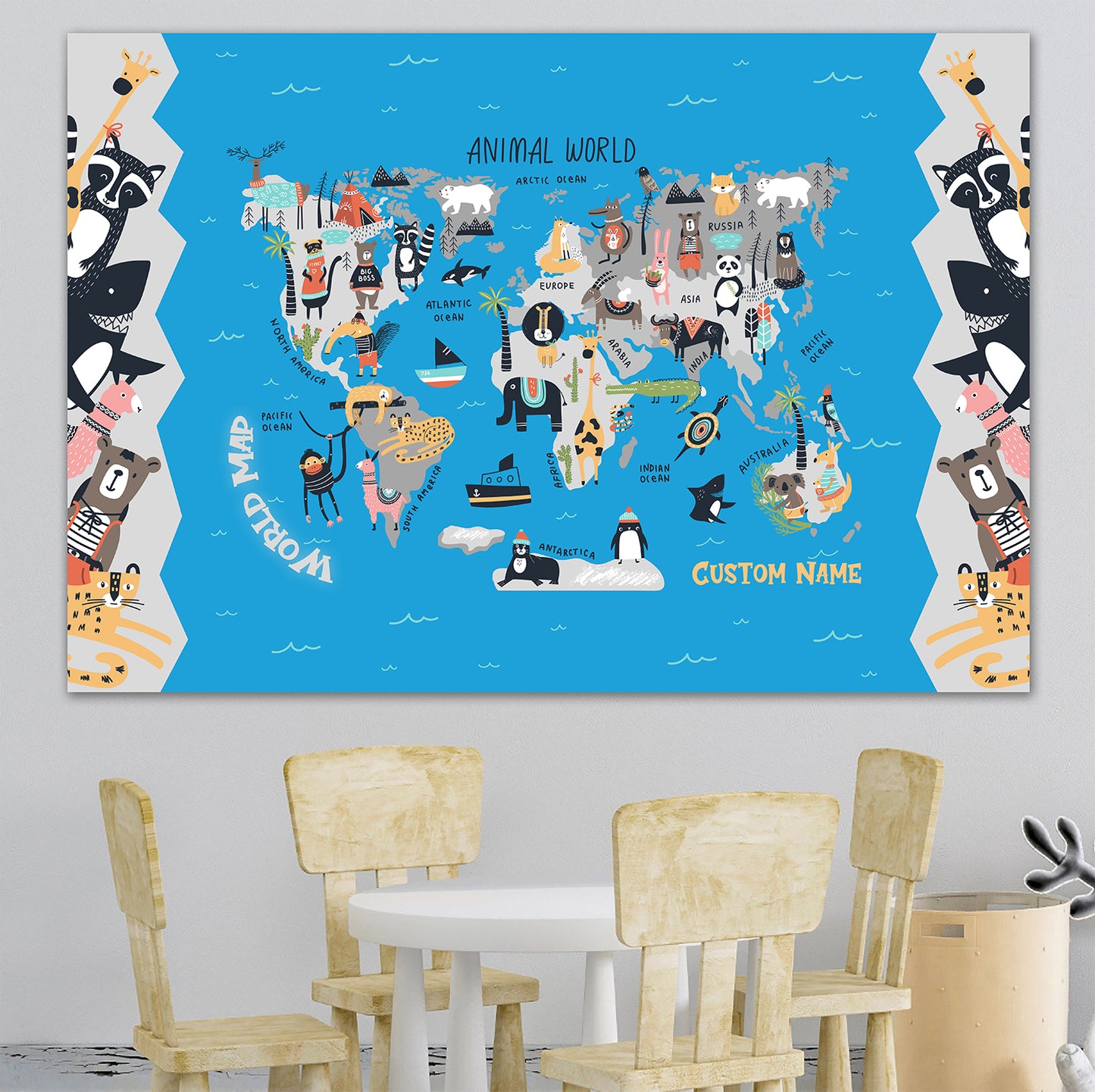 Personalized Map of World for Kids with Peeking Animals, Canvas Wall Art for Children's Room, Learning, Educational Map for Boys & Girls