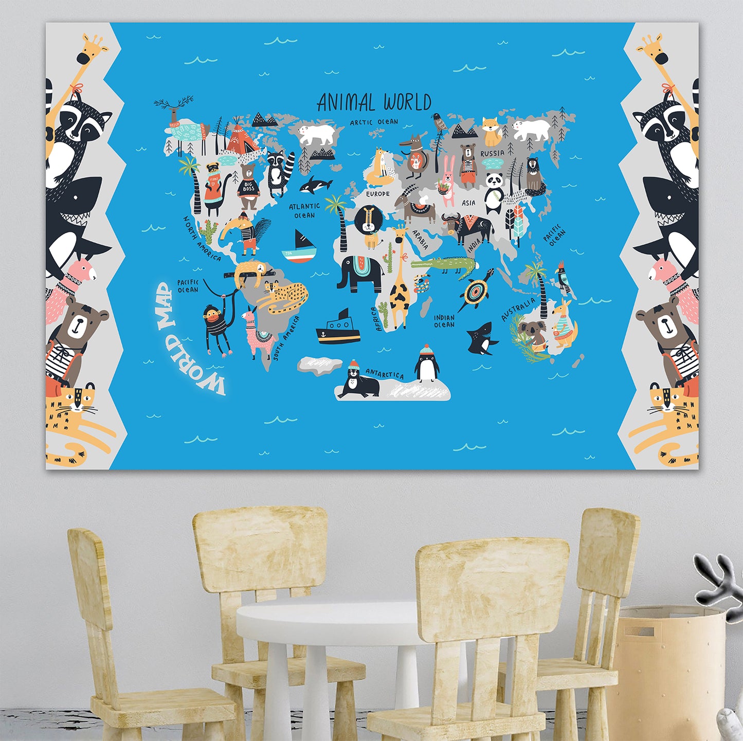 Personalized Map of World for Kids with Peeking Animals, Canvas Wall Art for Children's Room, Learning, Educational Map for Boys & Girls