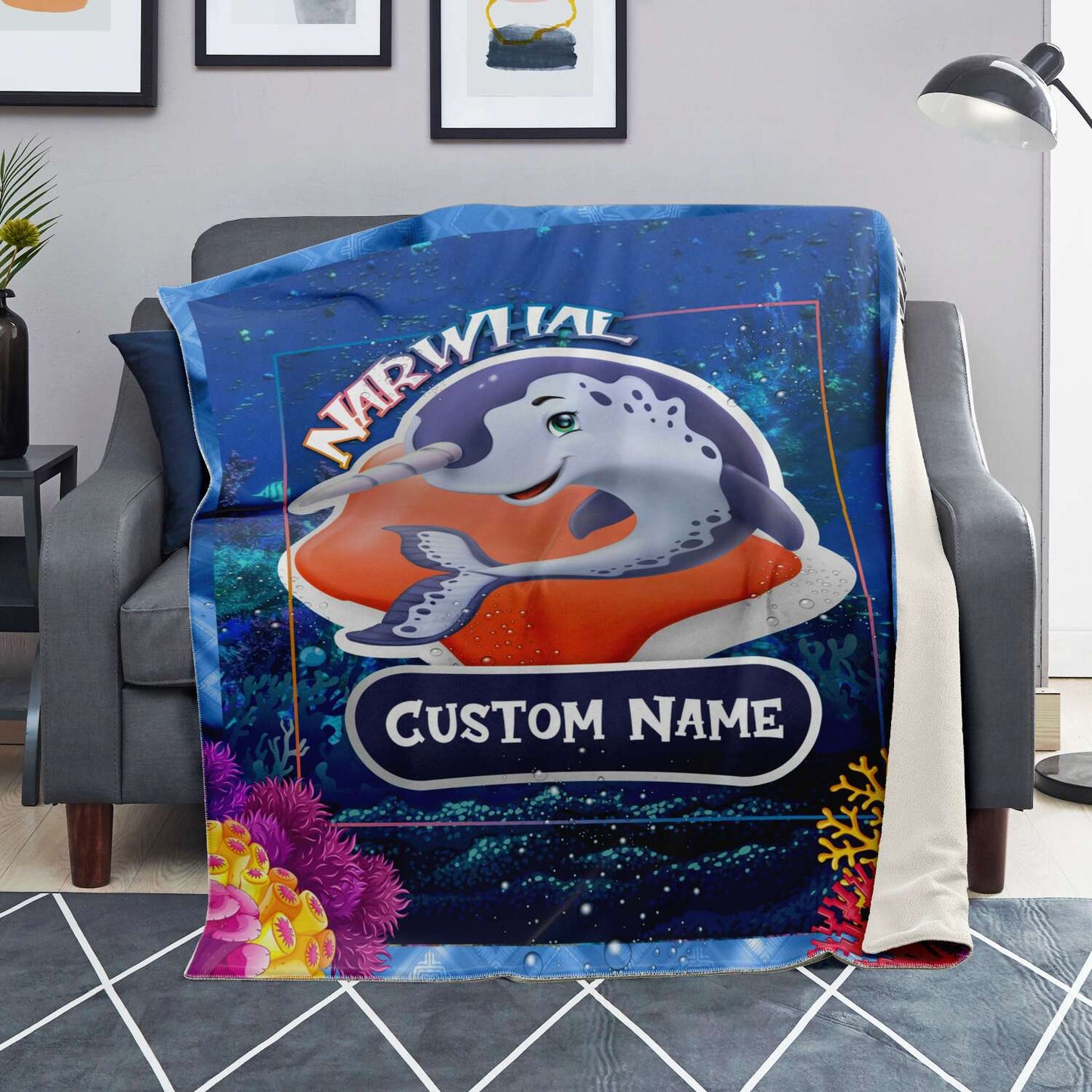 Personalized Name Narwhal Blanket, Custom Name Sea Animals Blanket for Boys & Girls