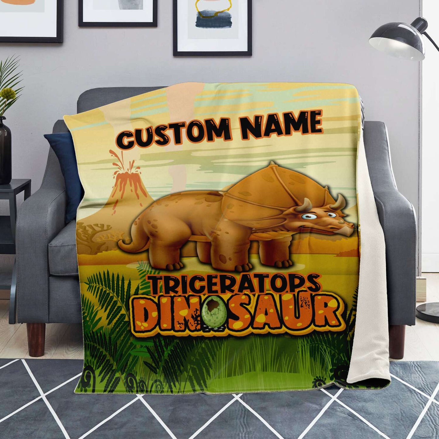 Personalized Name Triceratops Dinosaur Blanket for Kids, Custom Name Blanket for Boys & Girls
