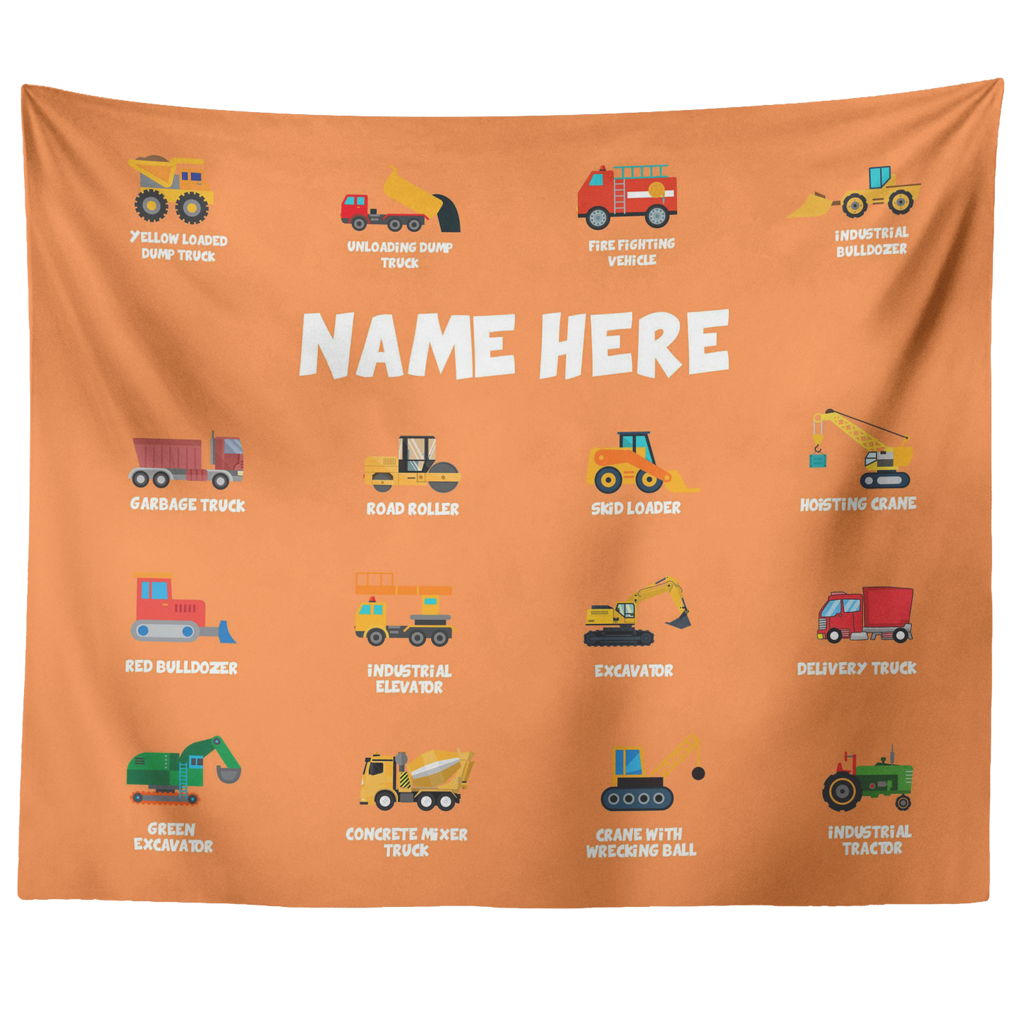 Personalized Name Construction Machines Wall Tapestry for Kids Room
