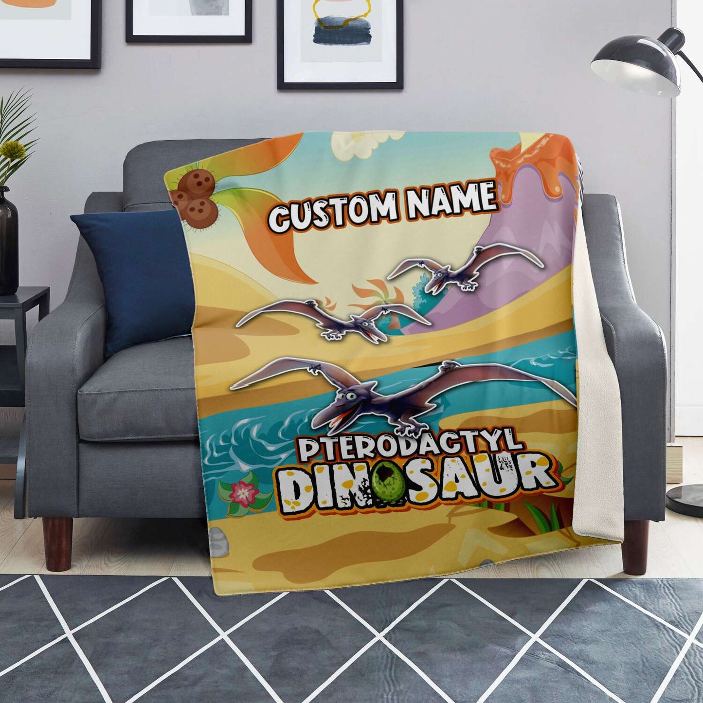 Personalized Name Pterodactyl Dinosaur Blanket for Kids, Custom Name Blanket for Boys & Girls