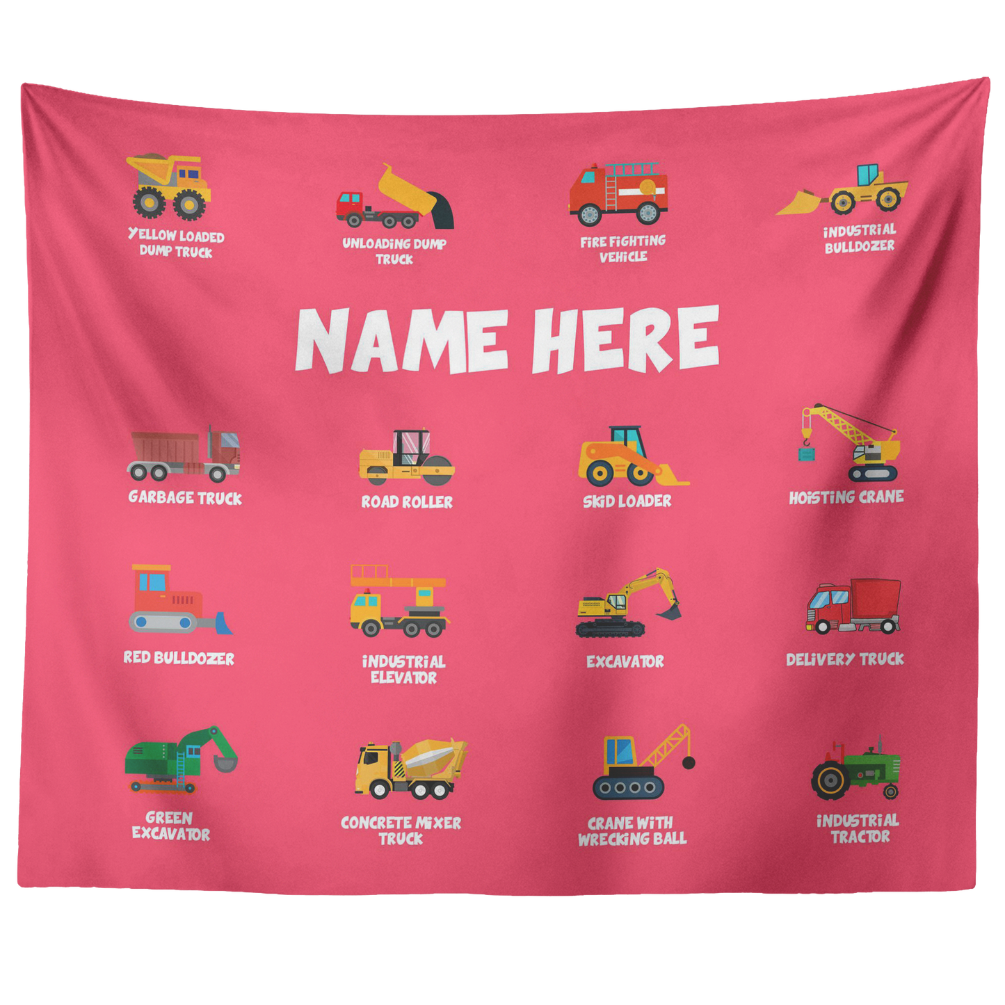 Personalized Name Construction Machines Wall Tapestry for Kids Room