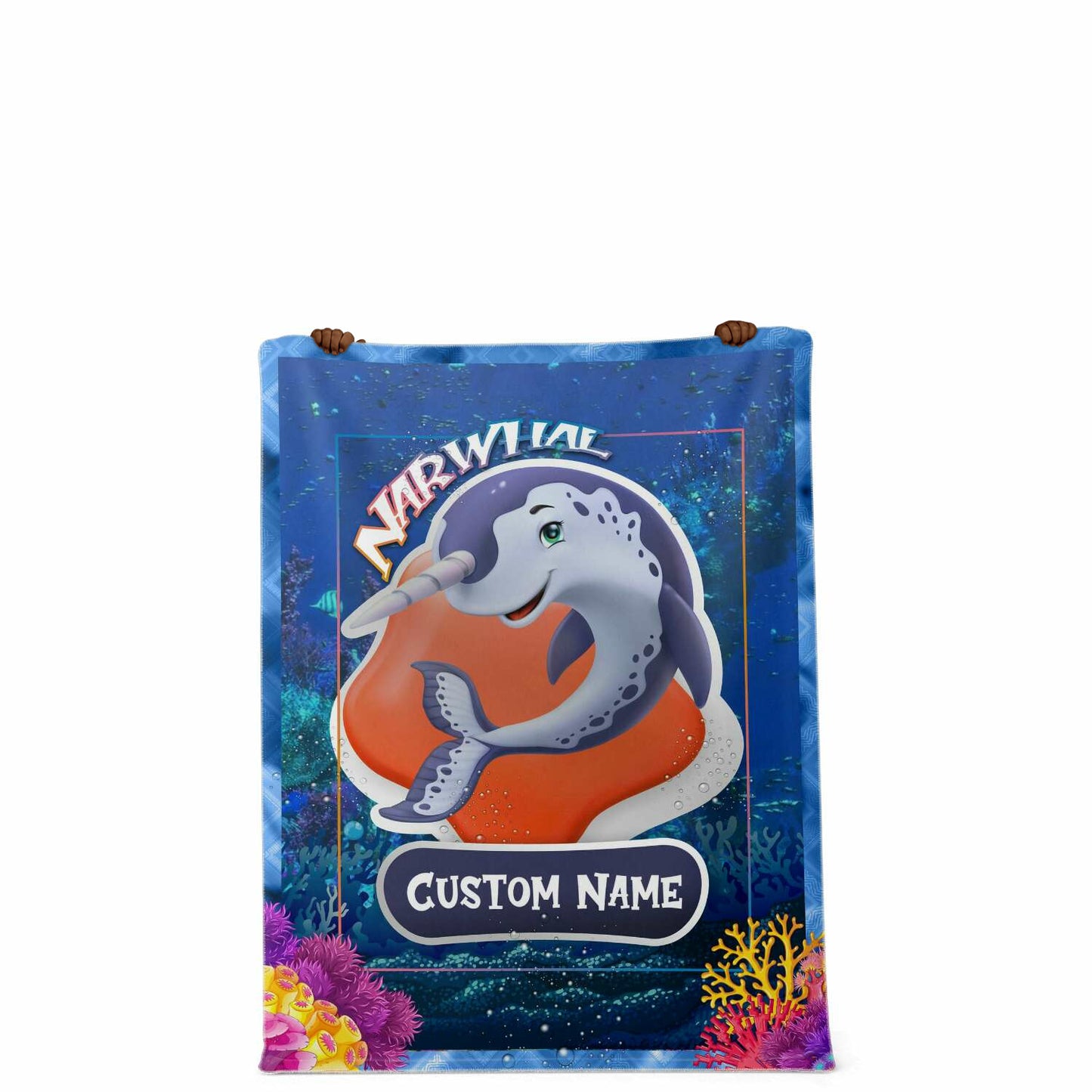 Personalized Name Narwhal Blanket, Custom Name Sea Animals Blanket for Boys & Girls
